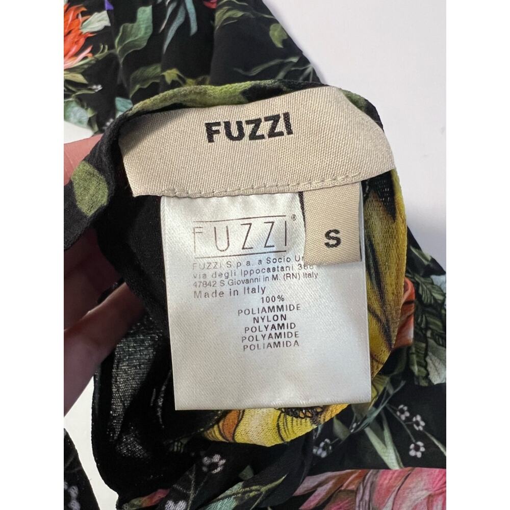 Fuzzi Mesh Blouse Sleeveless Black Floral Tropical Side Ruffle High Neck Sz S - Picture 7 of 7
